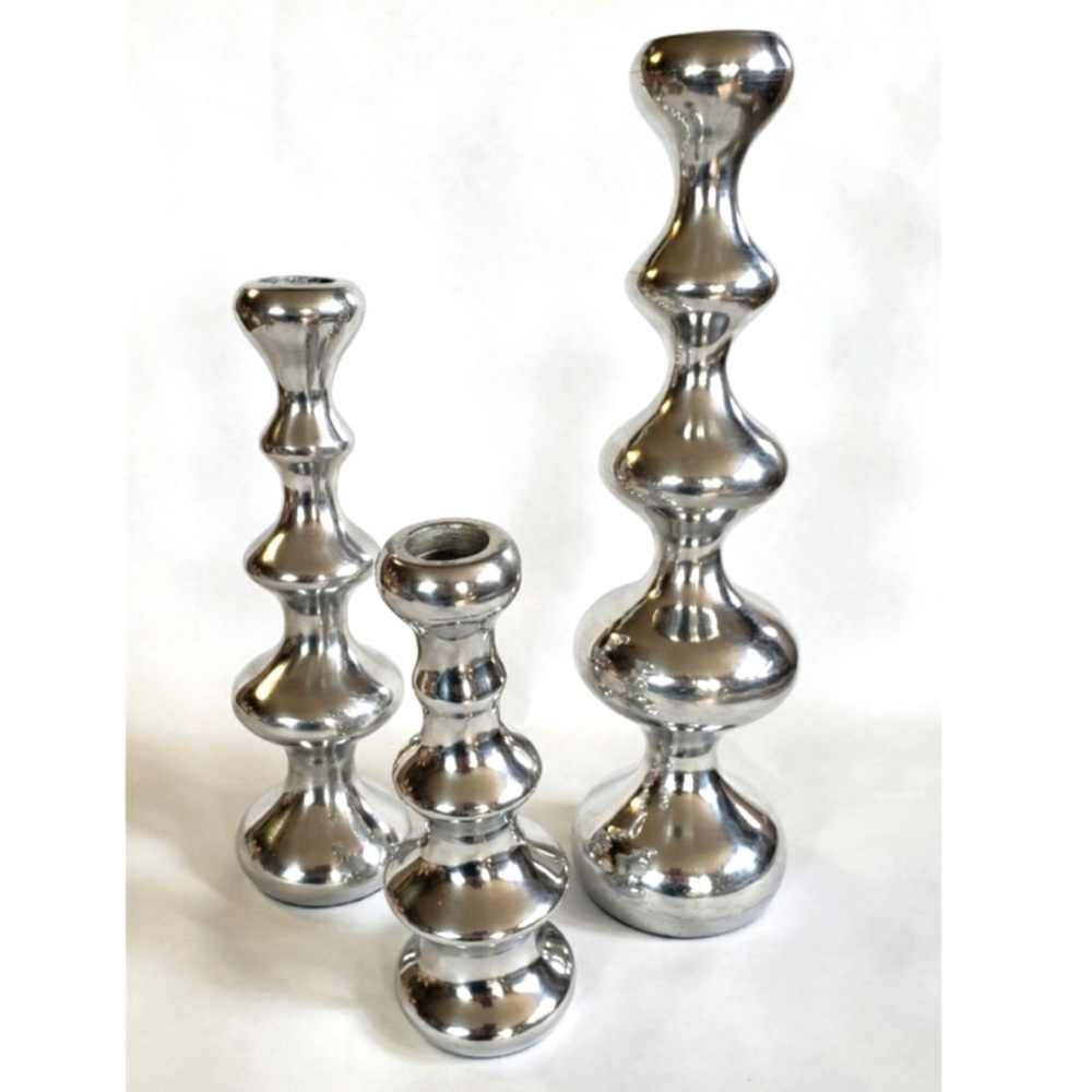 Set of Three Metal Silver Candle Holders made in India